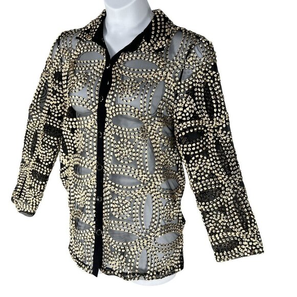 Chicos Travelers Collection 2/ L Black Sheer Gold Needle Stitch Button Up Jacket - Picture 9 of 16